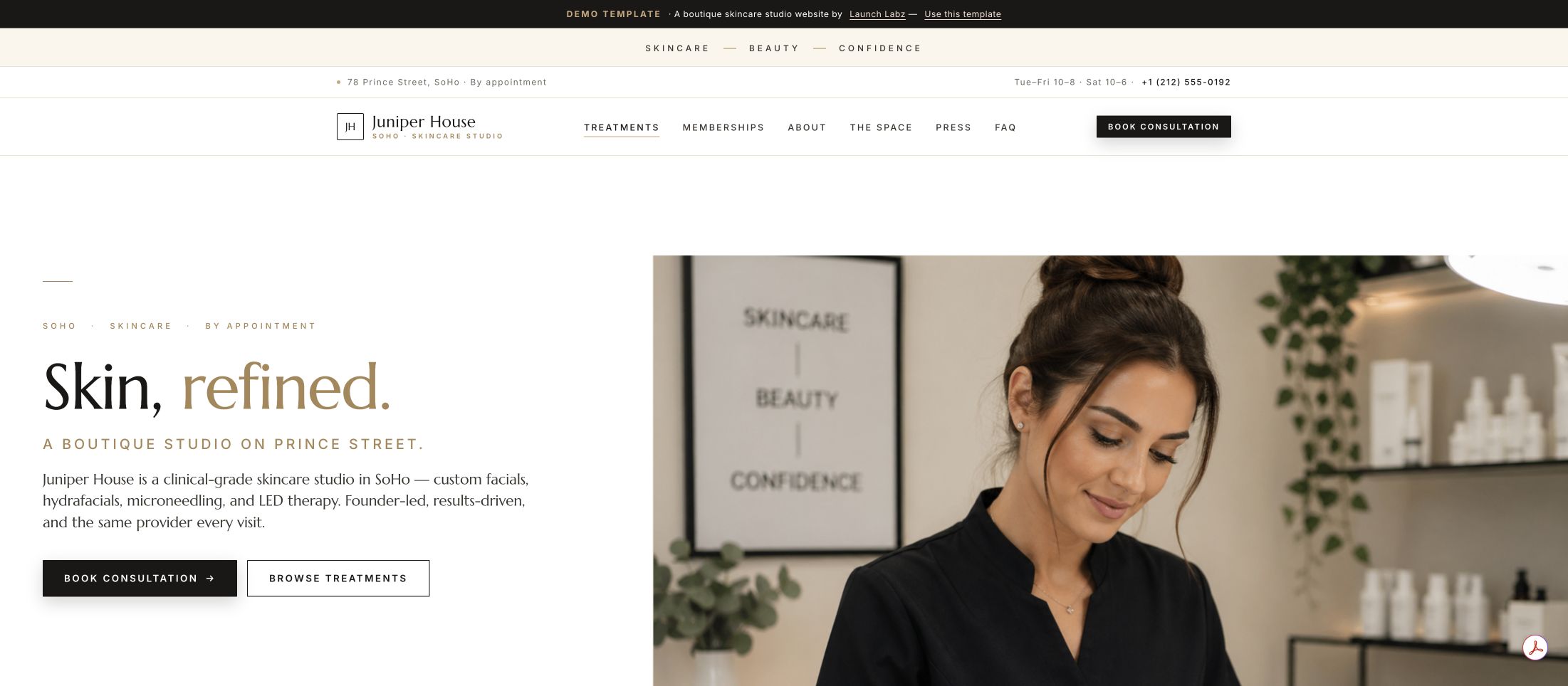 Juniper House skincare studio homepage, an independent website concept by Launch Labz