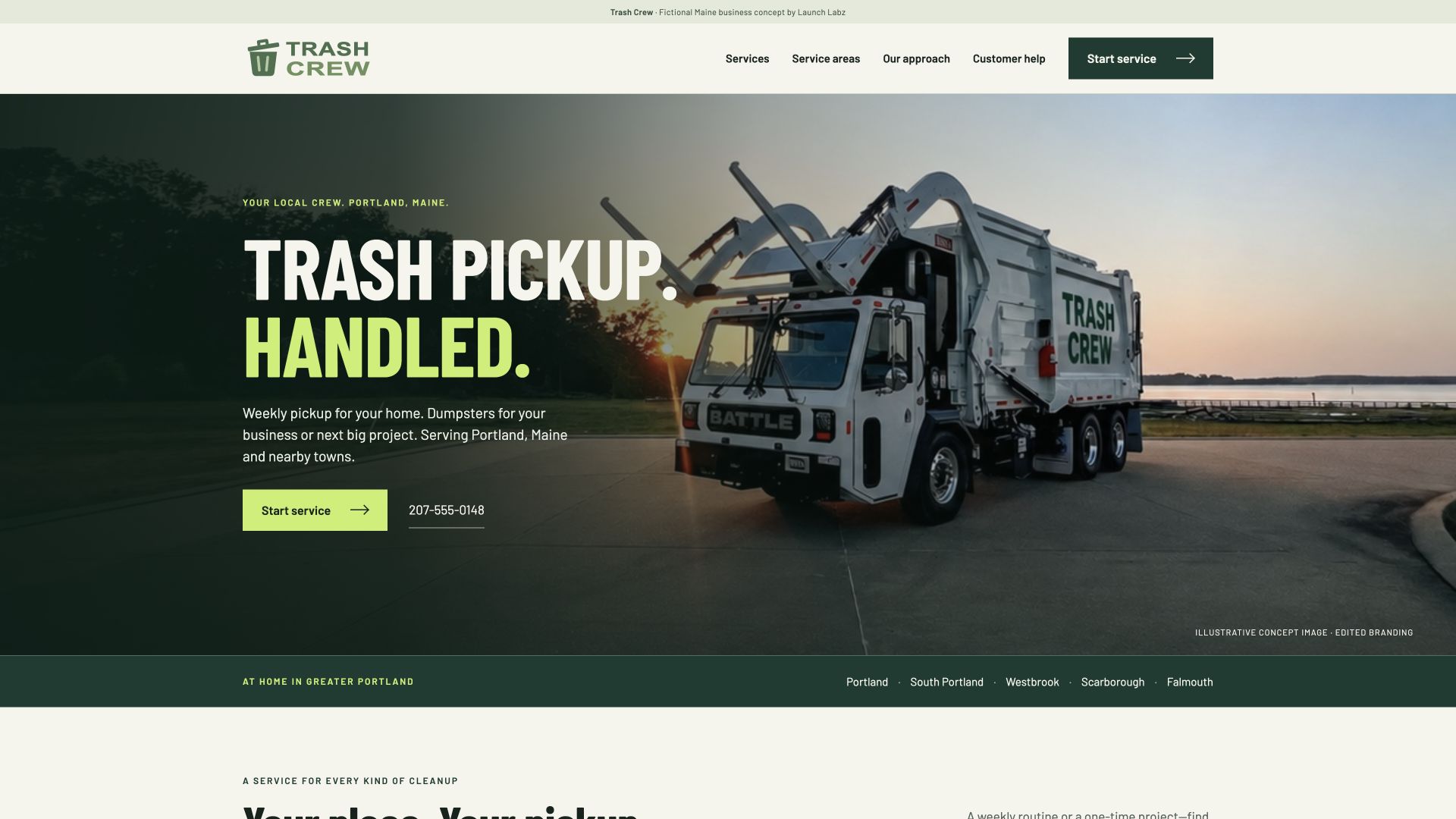 Trash Crew fictional website concept, with a trash pickup headline and an illustrative truck image