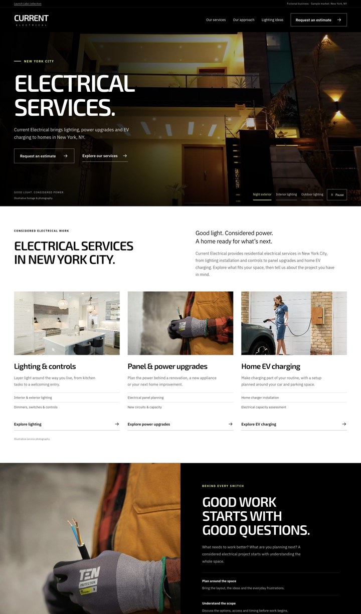 Current Electrical website preview with black, white and lime styling, a video hero and electrical service sections