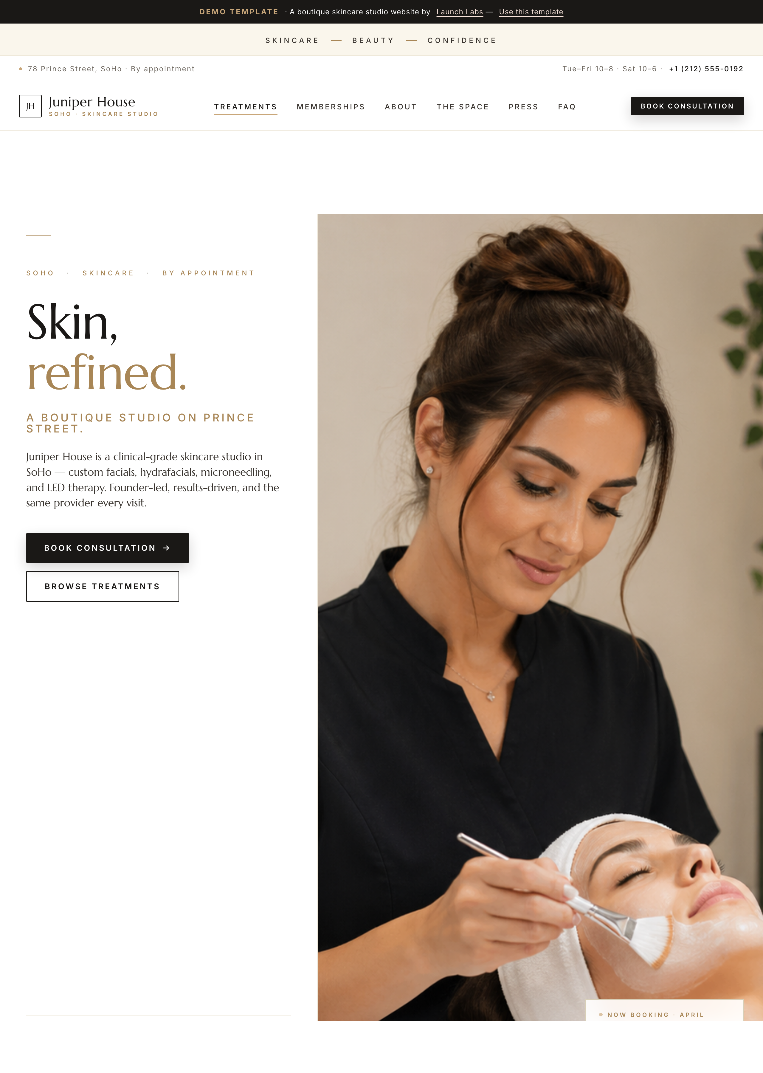 Juniper House skincare studio website template preview